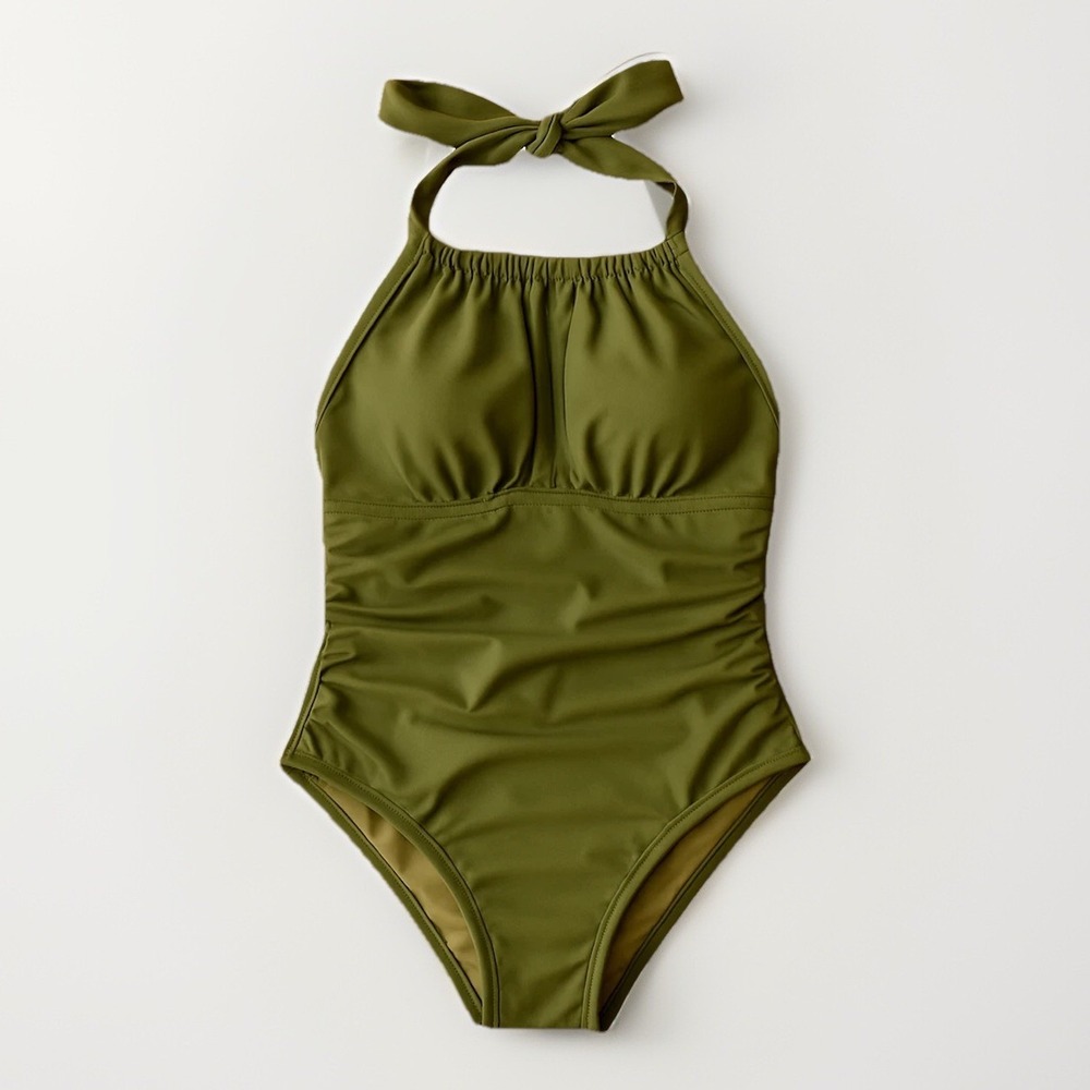 NWT Cupshe Olive Green Halter One Piece Swimsuit Open Back Bathing Suit Size S‎